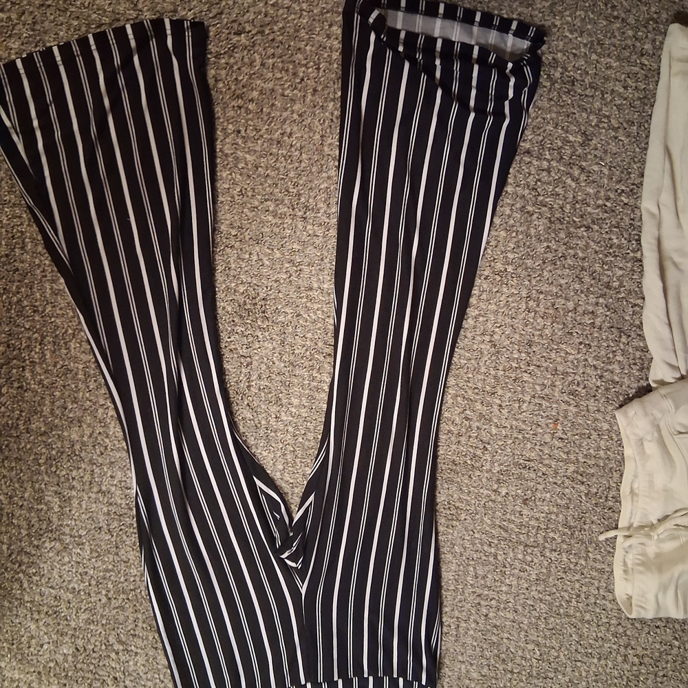 No Boundaries Black and White Striped Flare Pants